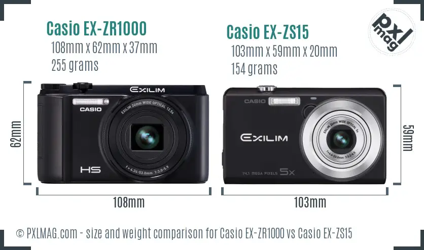 Casio EX-ZR1000 vs Casio EX-ZS15 size comparison