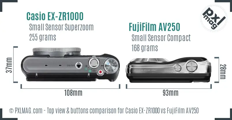 Casio EX-ZR1000 vs FujiFilm AV250 top view buttons comparison Casio EX-ZR1000 vs FujiFilm AV250 top view buttons comparison