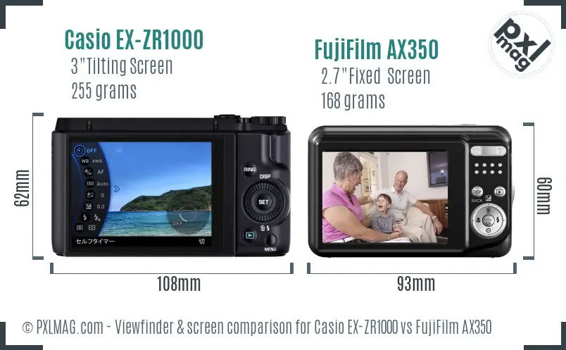 Casio EX-ZR1000 vs FujiFilm AX350 Screen and Viewfinder comparison