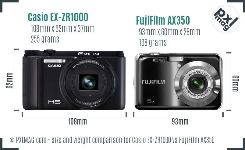 Casio EX-ZR1000 vs FujiFilm AX350 size comparison