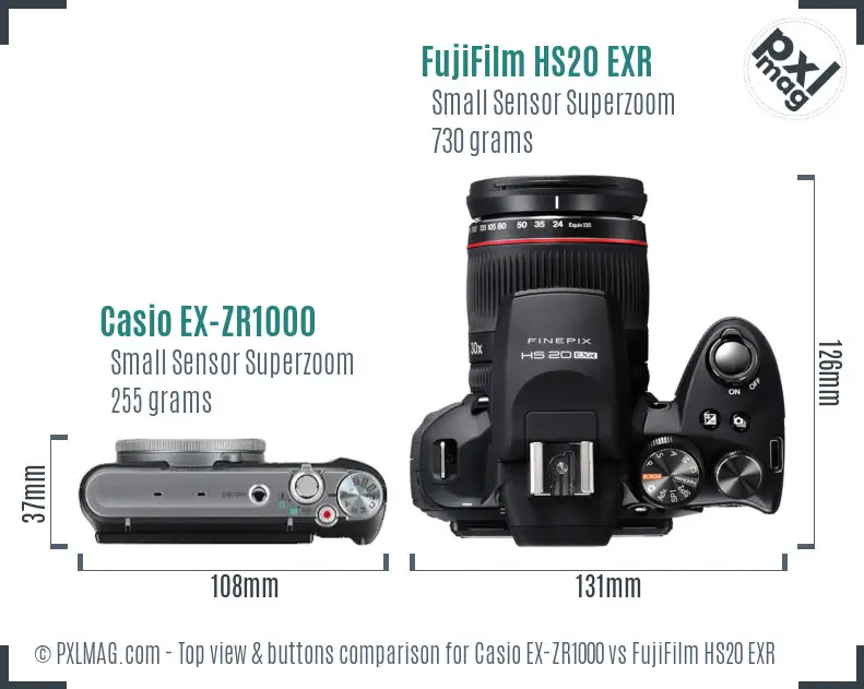 Casio EX-ZR1000 vs FujiFilm HS20 EXR top view buttons comparison Casio EX-ZR1000 vs FujiFilm HS20 EXR top view buttons comparison
