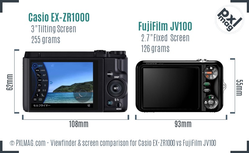Casio EX-ZR1000 vs FujiFilm JV100 Screen and Viewfinder comparison