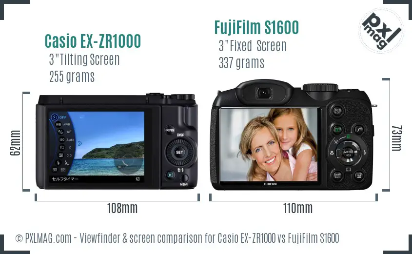 Casio EX-ZR1000 vs FujiFilm S1600 Screen and Viewfinder comparison