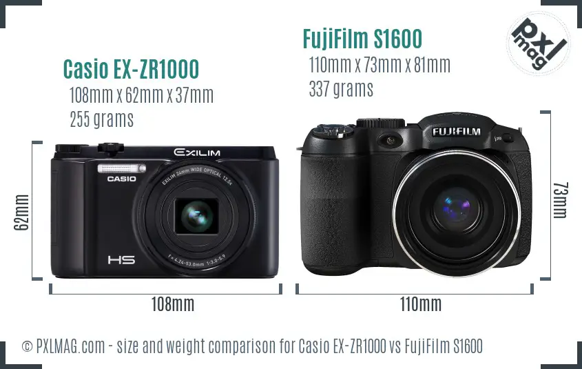 Casio EX-ZR1000 vs FujiFilm S1600 size comparison