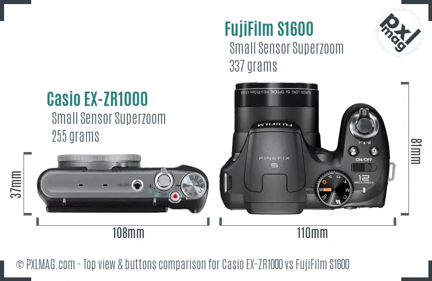 Casio EX-ZR1000 vs FujiFilm S1600 top view buttons comparison