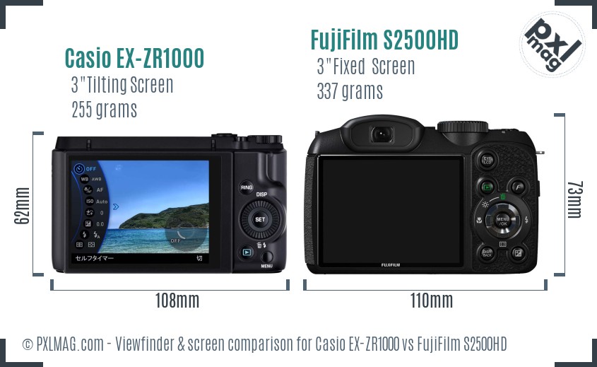 Casio EX-ZR1000 vs FujiFilm S2500HD Screen and Viewfinder comparison