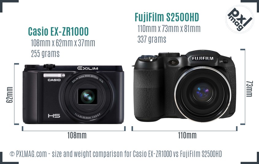 Casio EX-ZR1000 vs FujiFilm S2500HD size comparison