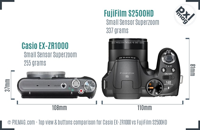 Casio EX-ZR1000 vs FujiFilm S2500HD top view buttons comparison