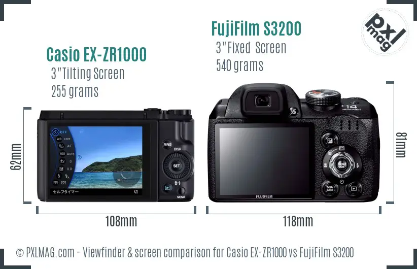 Casio EX-ZR1000 vs FujiFilm S3200 Screen and Viewfinder comparison