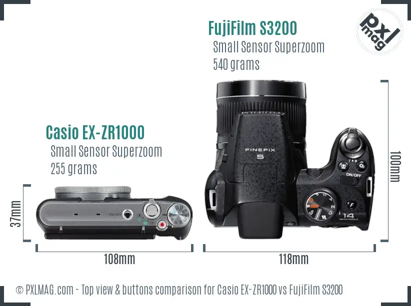 Casio EX-ZR1000 vs FujiFilm S3200 top view buttons comparison