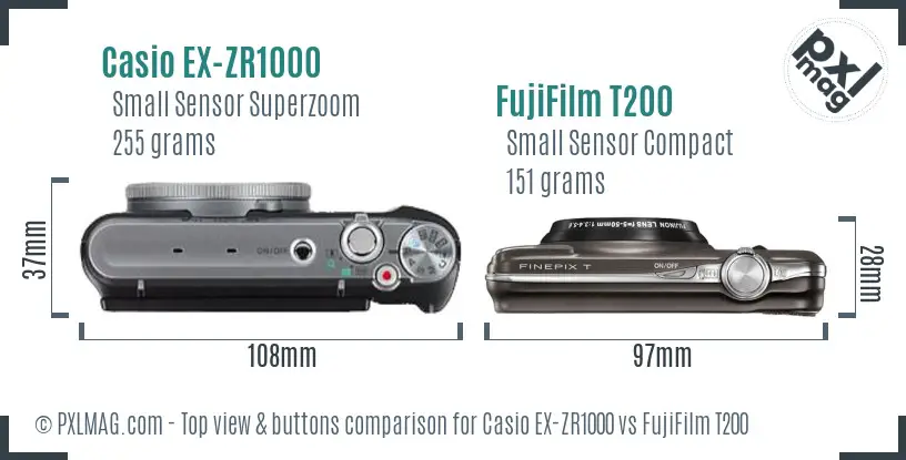 Casio EX-ZR1000 vs FujiFilm T200 top view buttons comparison Casio EX-ZR1000 vs FujiFilm T200 top view buttons comparison
