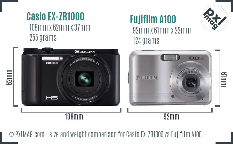 Casio EX-ZR1000 vs Fujifilm A100 size comparison