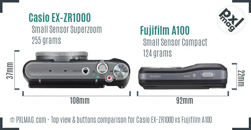 Casio EX-ZR1000 vs Fujifilm A100 top view buttons comparison