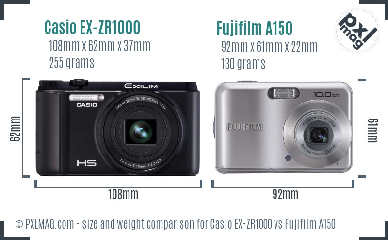 Casio EX-ZR1000 vs Fujifilm A150 size comparison