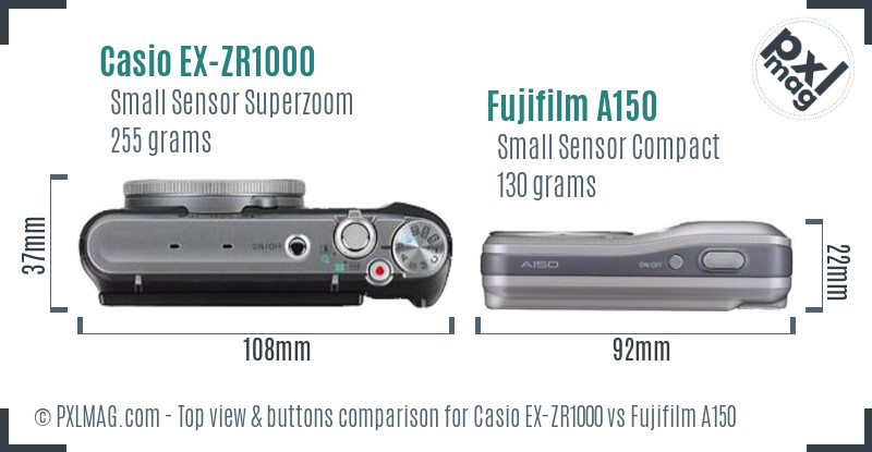 Casio EX-ZR1000 vs Fujifilm A150 top view buttons comparison
