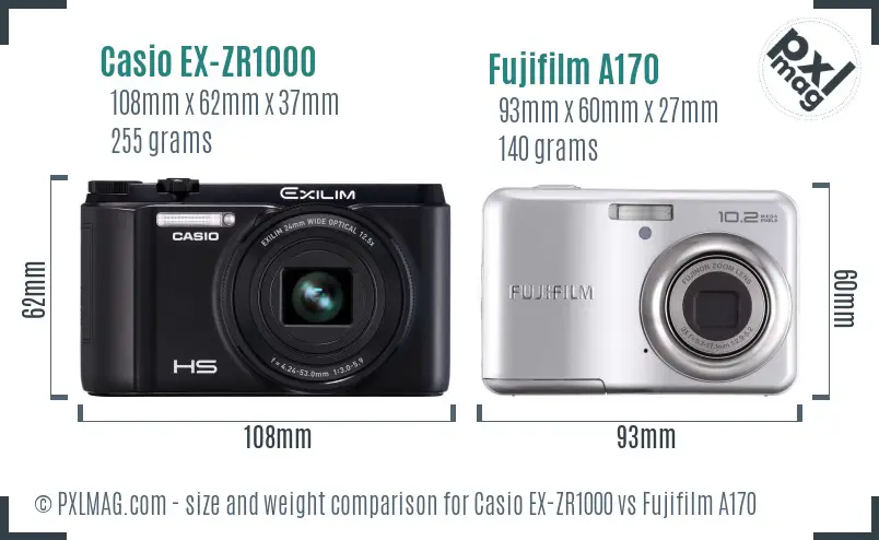 Casio EX-ZR1000 vs Fujifilm A170 size comparison