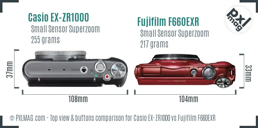 Casio EX-ZR1000 vs Fujifilm F660EXR top view buttons comparison Casio EX-ZR1000 vs Fujifilm F660EXR top view buttons comparison