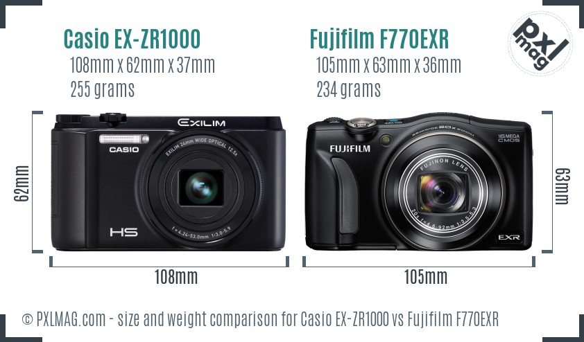 Casio EX-ZR1000 vs Fujifilm F770EXR size comparison
