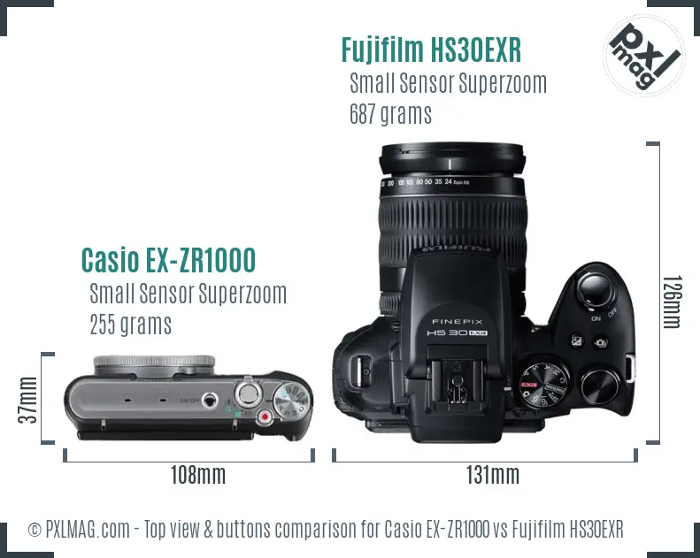 Casio EX-ZR1000 vs Fujifilm HS30EXR top view buttons comparison Casio EX-ZR1000 vs Fujifilm HS30EXR top view buttons comparison