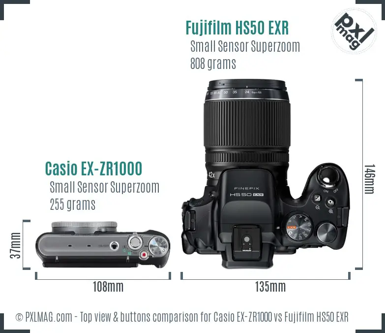 Casio EX-ZR1000 vs Fujifilm HS50 EXR top view buttons comparison