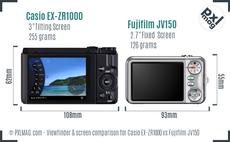 Casio EX-ZR1000 vs Fujifilm JV150 Screen and Viewfinder comparison