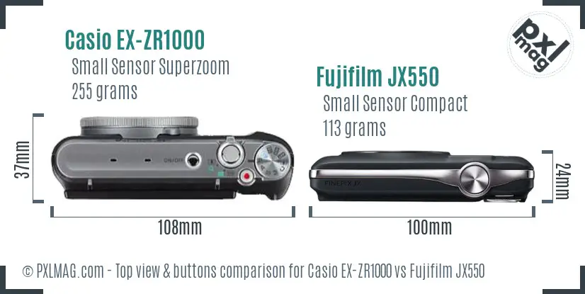 Casio EX-ZR1000 vs Fujifilm JX550 top view buttons comparison Casio EX-ZR1000 vs Fujifilm JX550 top view buttons comparison