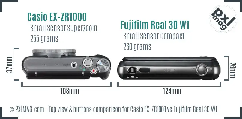 Casio EX-ZR1000 vs Fujifilm Real 3D W1 top view buttons comparison