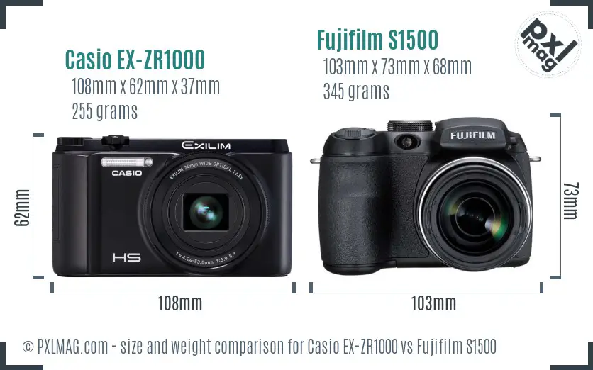 Casio EX-ZR1000 vs Fujifilm S1500 size comparison