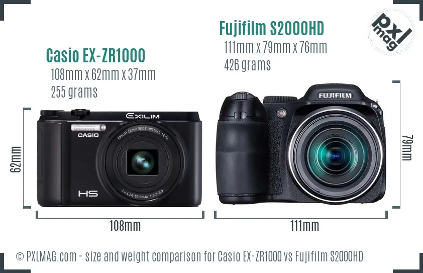 Casio EX-ZR1000 vs Fujifilm S2000HD size comparison