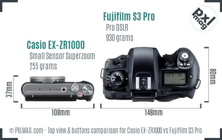 Casio EX-ZR1000 vs Fujifilm S3 Pro top view buttons comparison Casio EX-ZR1000 vs Fujifilm S3 Pro top view buttons comparison