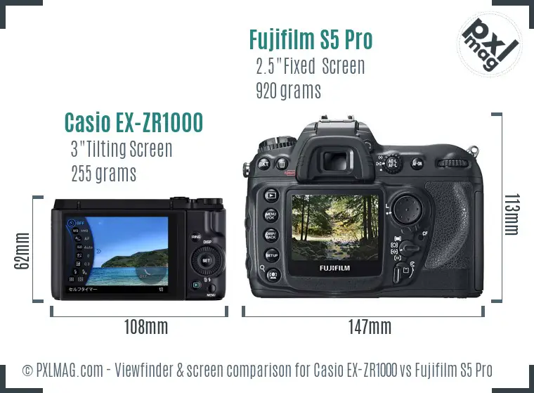 Casio EX-ZR1000 vs Fujifilm S5 Pro Screen and Viewfinder comparison