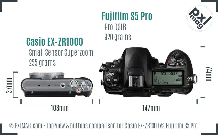 Casio EX-ZR1000 vs Fujifilm S5 Pro top view buttons comparison