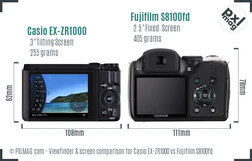 Casio EX-ZR1000 vs Fujifilm S8100fd Screen and Viewfinder comparison