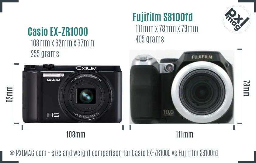Casio EX-ZR1000 vs Fujifilm S8100fd size comparison