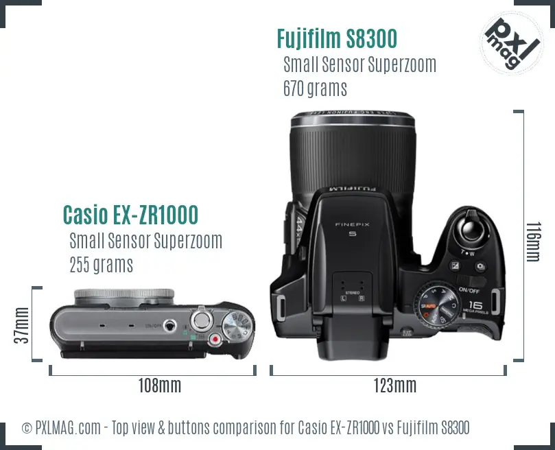 Casio EX-ZR1000 vs Fujifilm S8300 top view buttons comparison Casio EX-ZR1000 vs Fujifilm S8300 top view buttons comparison