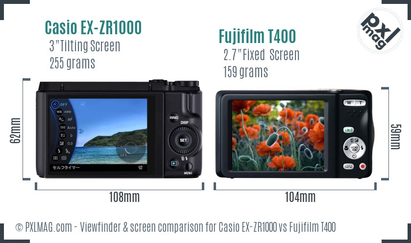 Casio EX-ZR1000 vs Fujifilm T400 Screen and Viewfinder comparison