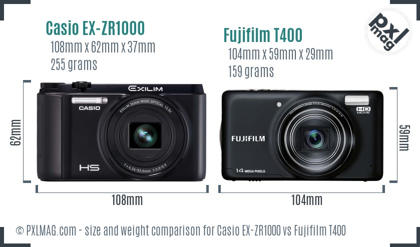 Casio EX-ZR1000 vs Fujifilm T400 size comparison