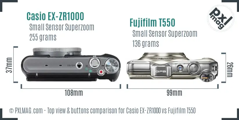 Casio EX-ZR1000 vs Fujifilm T550 top view buttons comparison Casio EX-ZR1000 vs Fujifilm T550 top view buttons comparison