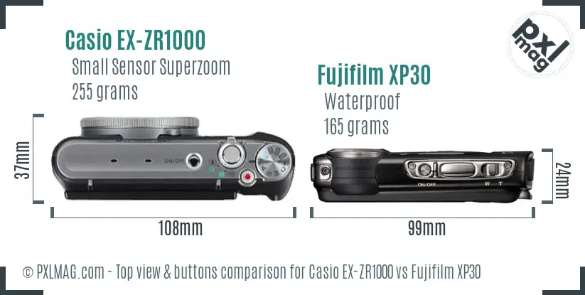 Casio EX-ZR1000 vs Fujifilm XP30 top view buttons comparison Casio EX-ZR1000 vs Fujifilm XP30 top view buttons comparison