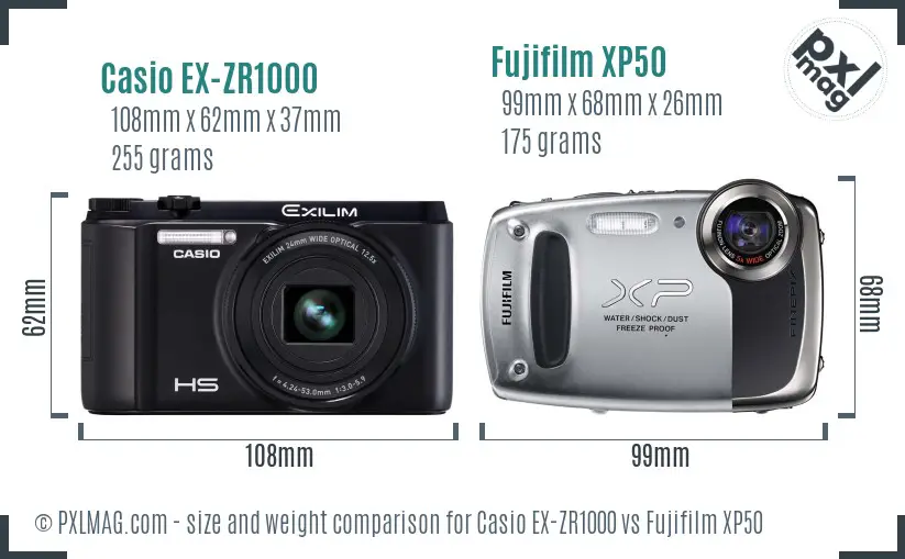 Casio EX-ZR1000 vs Fujifilm XP50 size comparison Casio EX-ZR1000 vs Fujifilm XP50 size comparison