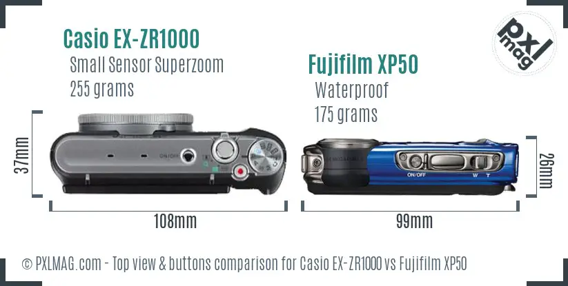 Casio EX-ZR1000 vs Fujifilm XP50 top view buttons comparison Casio EX-ZR1000 vs Fujifilm XP50 top view buttons comparison