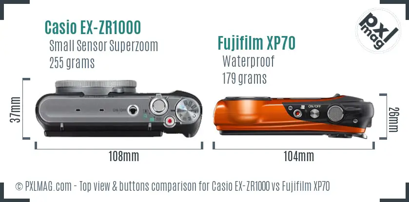 Casio EX-ZR1000 vs Fujifilm XP70 top view buttons comparison Casio EX-ZR1000 vs Fujifilm XP70 top view buttons comparison