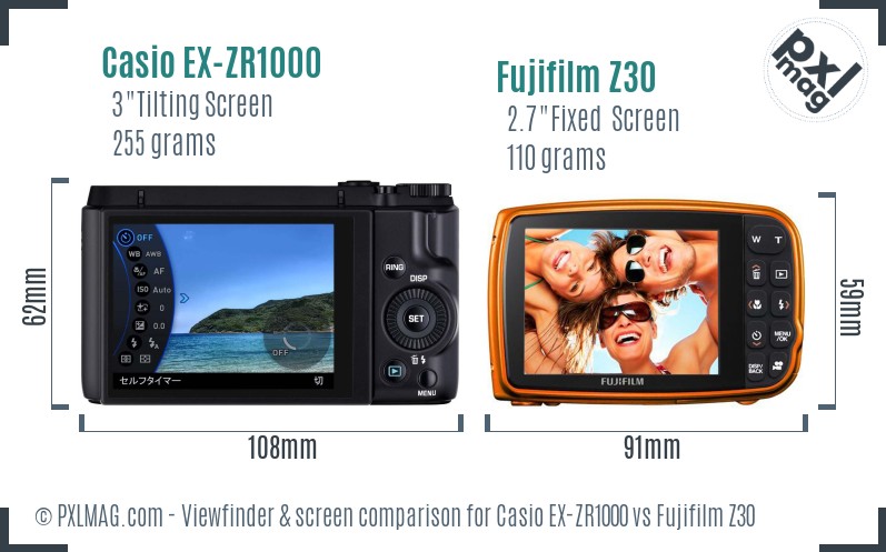Casio EX-ZR1000 vs Fujifilm Z30 Screen and Viewfinder comparison