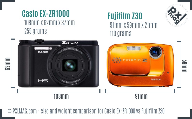 Casio EX-ZR1000 vs Fujifilm Z30 size comparison