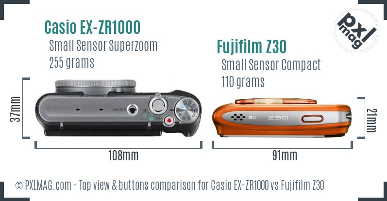 Casio EX-ZR1000 vs Fujifilm Z30 top view buttons comparison
