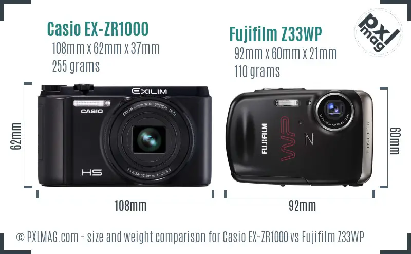Casio EX-ZR1000 vs Fujifilm Z33WP size comparison