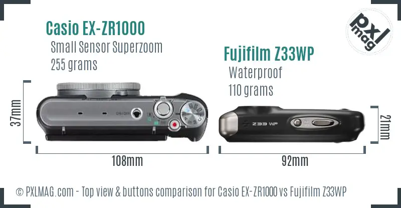 Casio EX-ZR1000 vs Fujifilm Z33WP top view buttons comparison