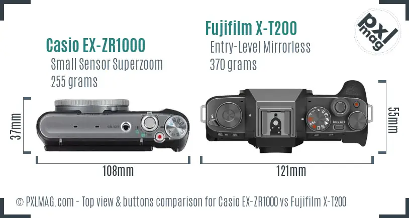 Casio EX-ZR1000 vs Fujifilm X-T200 top view buttons comparison