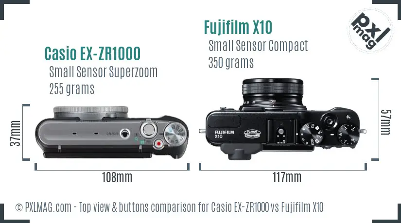 Casio EX-ZR1000 vs Fujifilm X10 top view buttons comparison