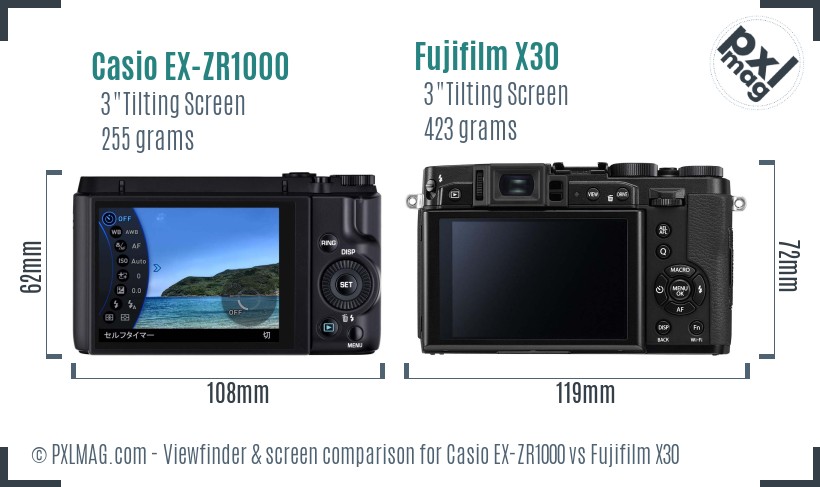 Casio EX-ZR1000 vs Fujifilm X30 Screen and Viewfinder comparison